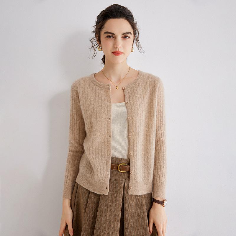 Women's Gold Sand Cashmere Cardigan - Twisted Cable Knit, Round Neck, Striped, Slim Fit, Autumn/Winter Sweater.