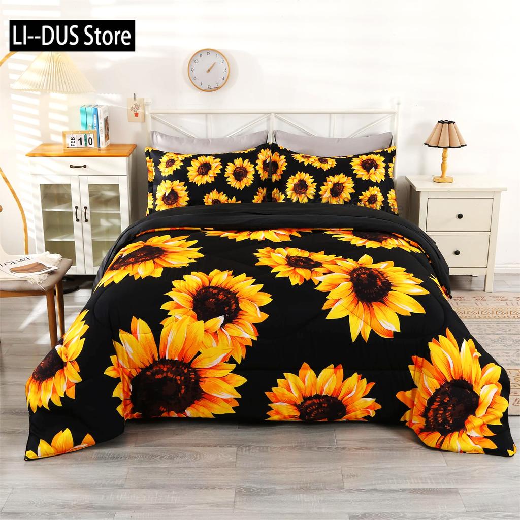 Yellow Sunflower Comforter Set Butterfly Bedding Set for Kids Girls Teens WomenCountry Floral Quilt Duvet Sets 2 Pillow Cases
