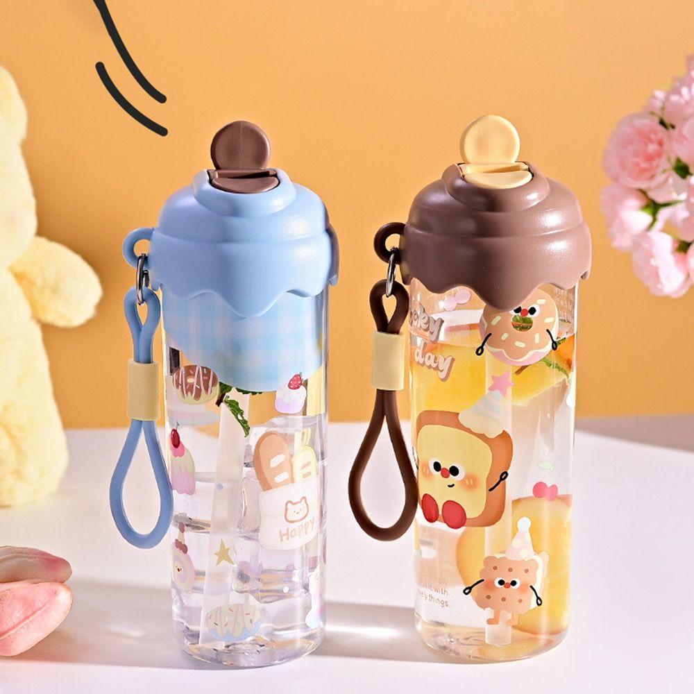 Cartoon 750ml Straw Cup Large Capacity with Lanyard Water Cups Sports Water Bottle