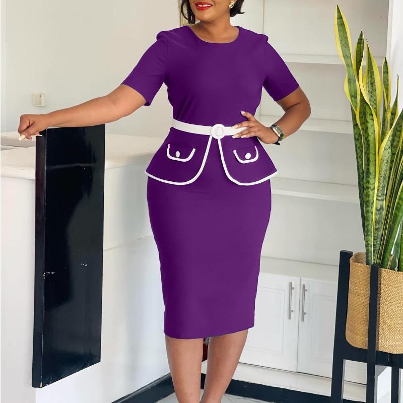 Women Plus Size Elegant High Waist Bodycon Short Sleeve Office Midi Pencil Dress