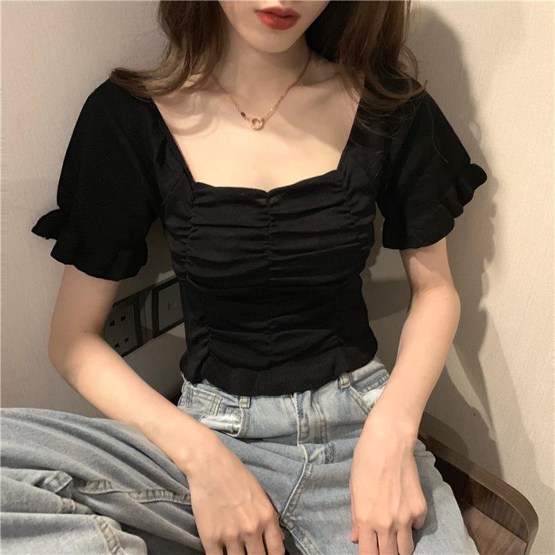 Summer Dress New Square Neck Collarbone Pleated Short Sleeve T-Shirt Women's Knitted Cropped Base Shirt Top