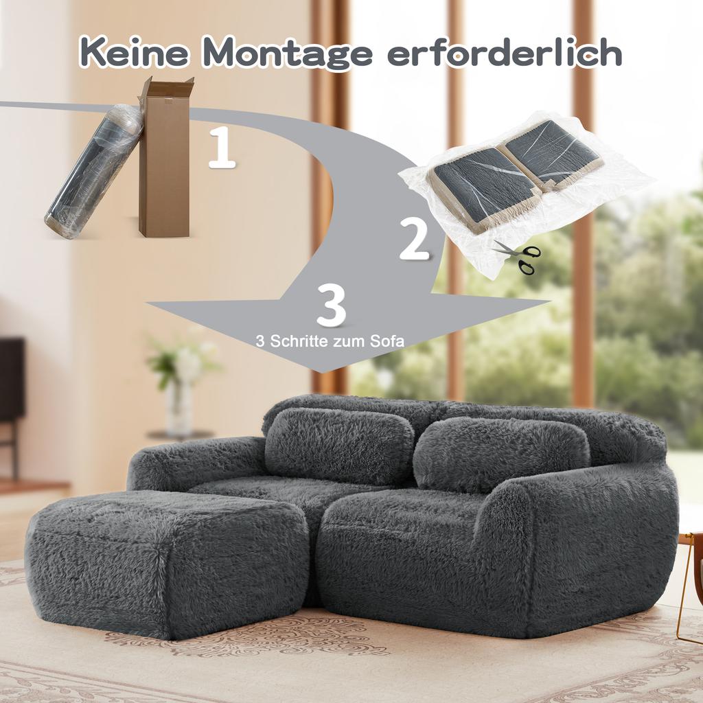 L-shaped 2-seater sofa, soft plush fabric, modular, with cushions. Soft, elastic foam, no assembly required, suitable for small living rooms, Grey