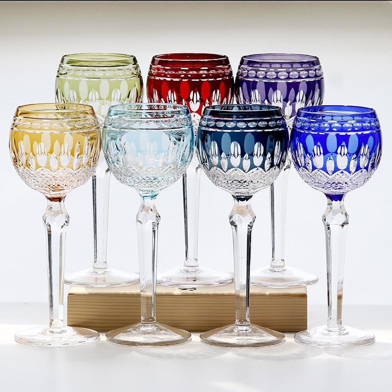 Vintage Handcrafts Multi-Colored Crystal Edo Kiriko Wine Glass Bohemia Hand Engraved Stemware