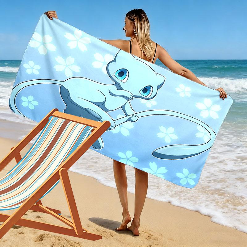 Mew Cartoon Print Beach Towel, Large Soft Quick Dry Towel for Beach Camping Swimming
