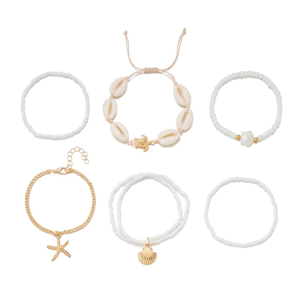Modisches Sternmuschel Perlenarmband Set für Damen Boho Imitation Perle Meeresschildkröte Anhänger Elastisches Armband Sommer Schmuck Geschenk