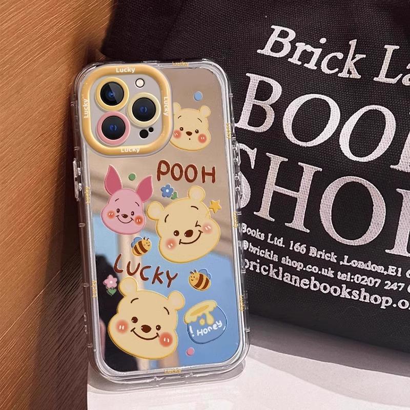 Cute Winnie the Pooh Mirror Phone Case with Beaded Chain, Soft TPU Cover for iPhone