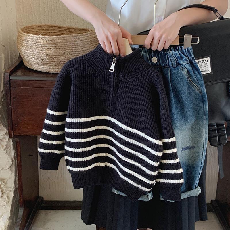 Thickened Boys' Striped Sweater: Korean-Style Loose Knitwear for Autumn & Winter, Versatile for Middle and Big Kids
