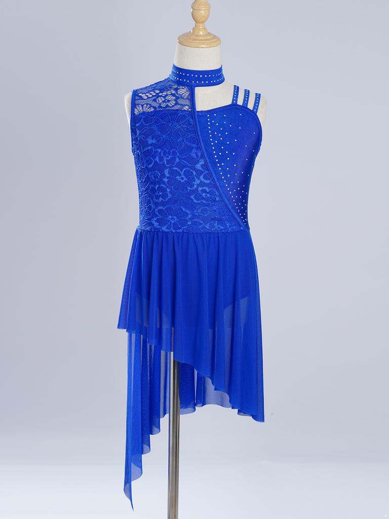 Dívčí trikotové šaty s falešným rolákem, květinovou krajkou a kamínky, asymetrickým ramenem a nepravidelným lemem, kostým pro lyrický tanec