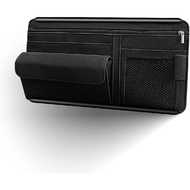 Car Sun Visor Organizer Glasses Case Storage Bag Note Holder Car Suede Zipper Card Hold Car Organizers And Storage (Black)