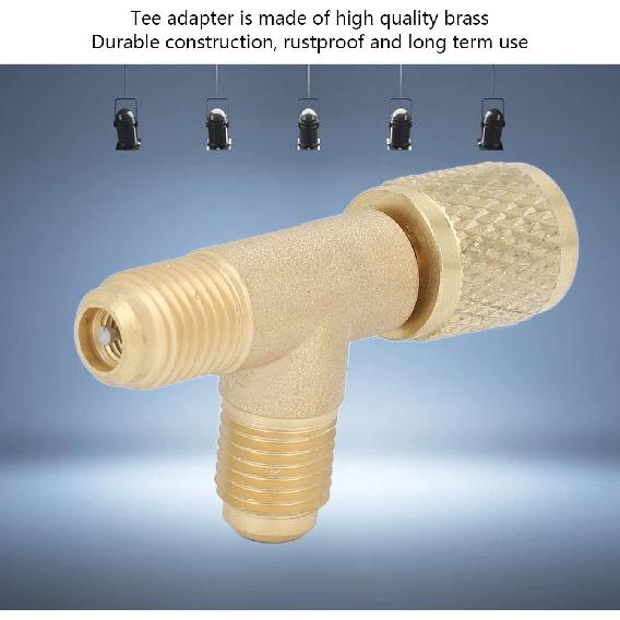 2-Piece Brass Quick Coupler Tee Adapter, 1/4 Inch SAE FFL with MFL, Refrigerant Adapter for R22 R12 R134, Vacuum Pump Manifold with Valve Core