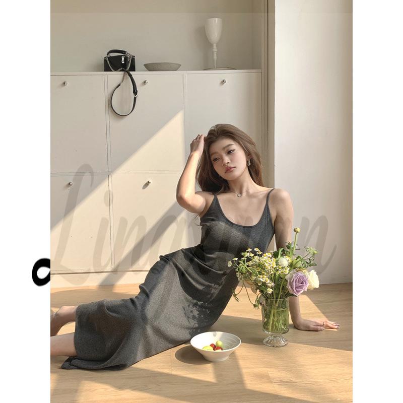

Spring/Summer 2026 French Style Slim Bodycon Spaghetti Strap Long Dress Large темно-сірий