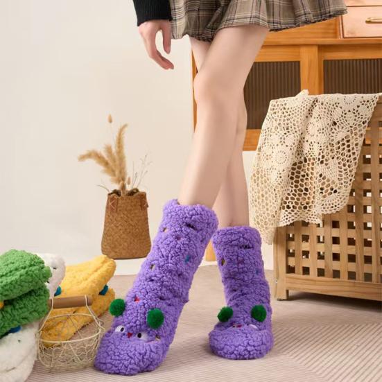 1 Pair Women Socks Cartoon Pattern Thickened Warm Knitting Socks Non-Slip Plush Pilling Resistant Floor Socks