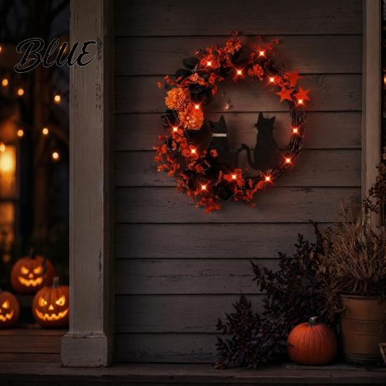 Halloween Store Decoration Lights Floral Garland with String Lights Black Cat Silhouette Door Wreath Wreath for Front Indoor Outdoor Wall