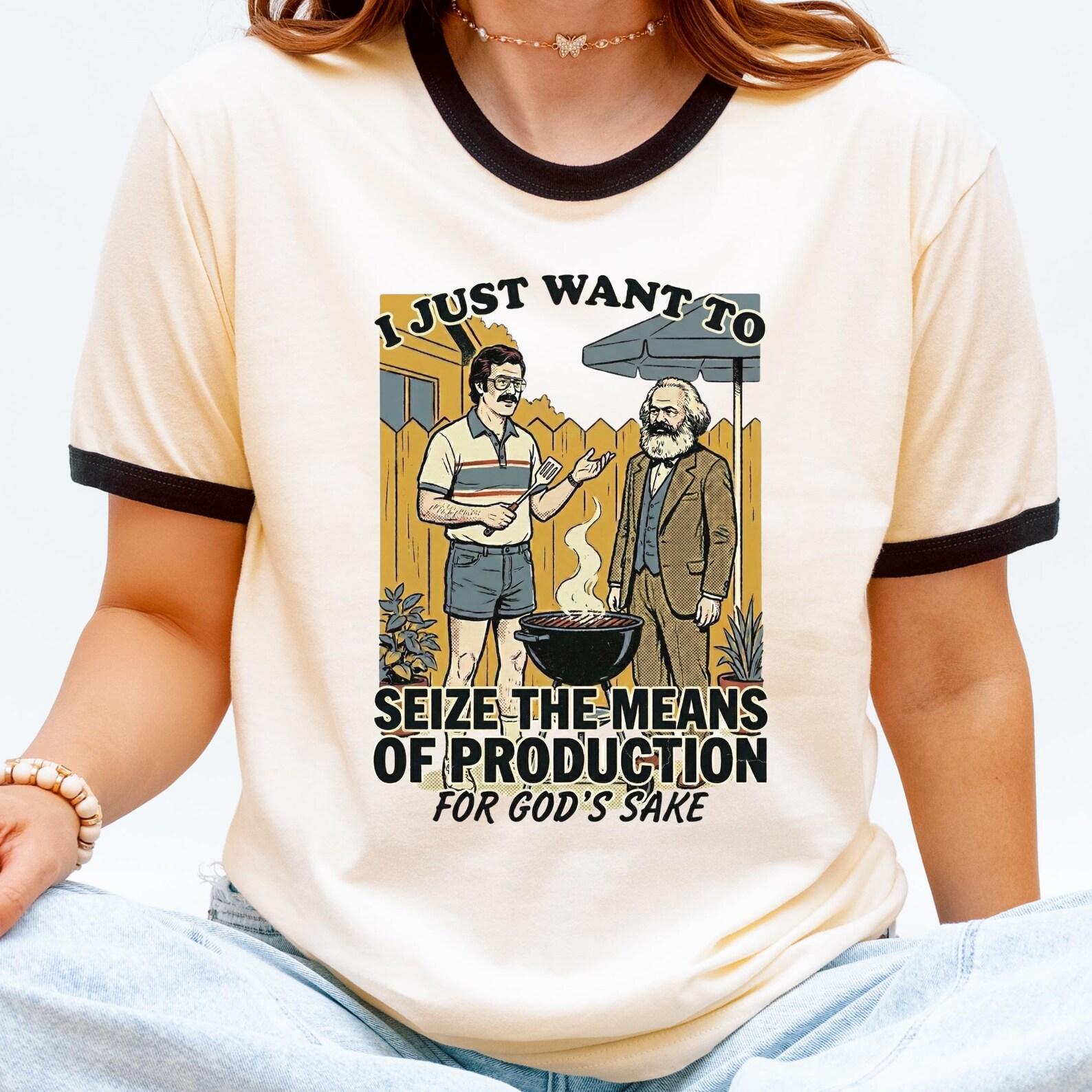 Seize the Means of Production Shirt | Funny Leftist Ringer Tee, Socialist Humor Graphic Shirt, Anti Capitalist Protest Tee M