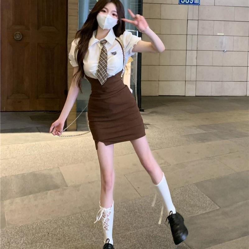 Summer Academy Style Small Strap Skirt Waist Sweet Spice Girl Short Skirt Chic Skirt Fake Two-piece Dress Women's Clothing