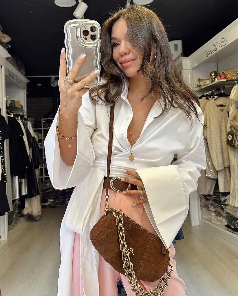 2025 Spring Women's Double-Breasted Poplin Slim Shirt with Bow Tie - European & American Style