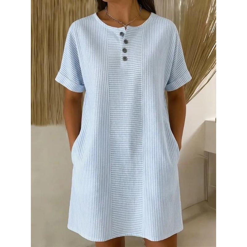 DICFY Women's Fashion Summer Spring Solid Color Print Short Sleeve O-Neck Casual Dresses