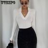 Damen V-Ausschnitt Langarm Skinny T-Shirts Damen Gestrickte Tops Herbst Winter Feste Beiläufige Dünne Damen Tees Streetwear