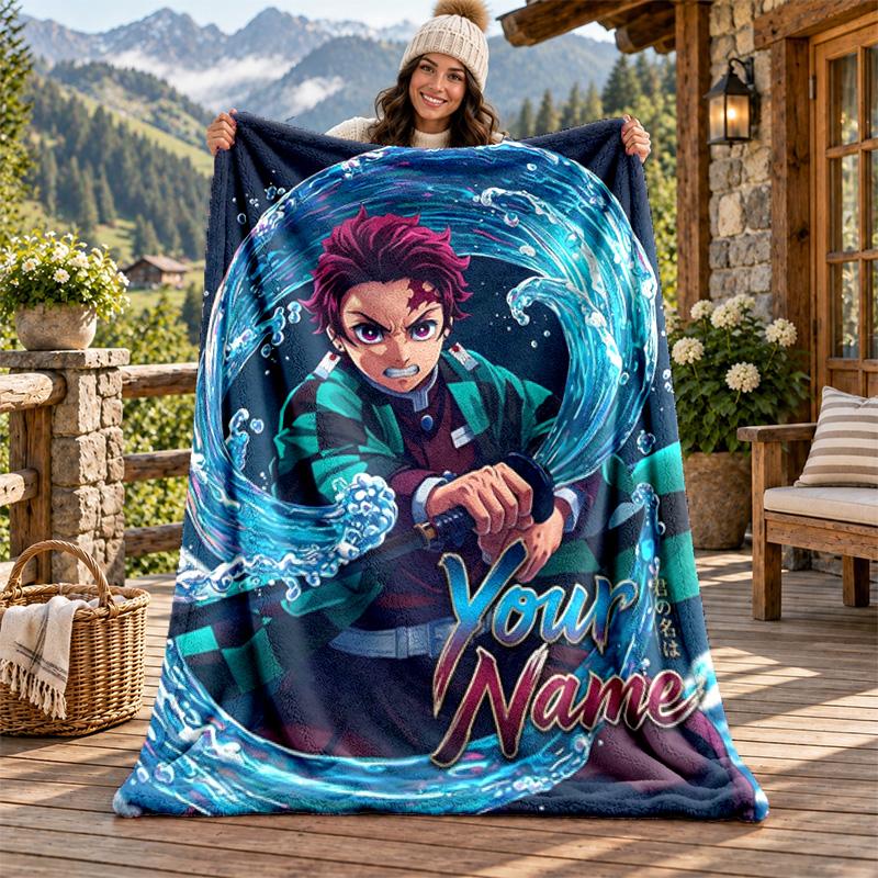 Akaza Demon Slayer Custom Name Flannel Blanket Personalized Soft Warm Plush Throw Blanket Customized Gift for Family Friends