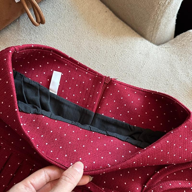 Women's Polka Dot A-Line Pleated Skirt with Bow Tie - Petite Christmas Red