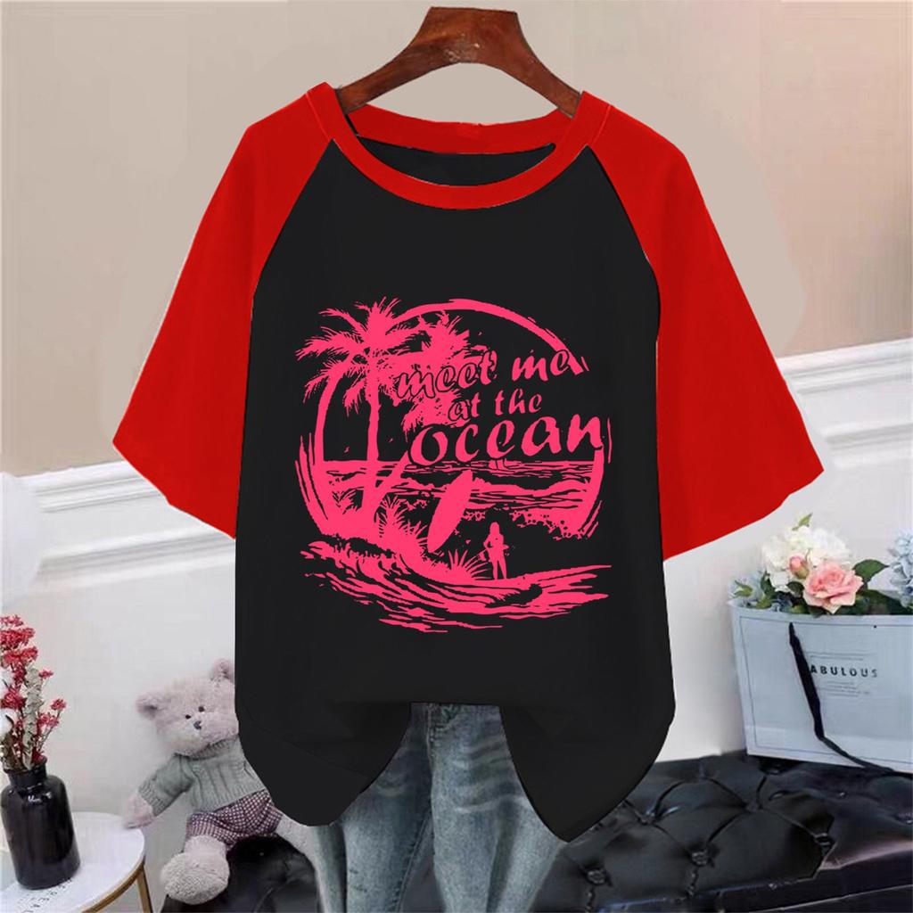 Dame Avslappet Mote Komfortabelt Temperament Strandtre Havtrykk Raglanermer T-skjortetopp