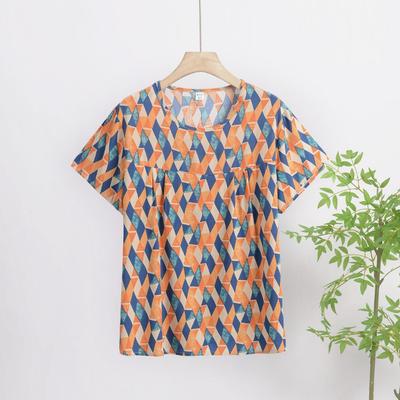 Painted Ethnic Style Cotton Pullover T-shirt Summer Thin Printed Loose Floral Shirt