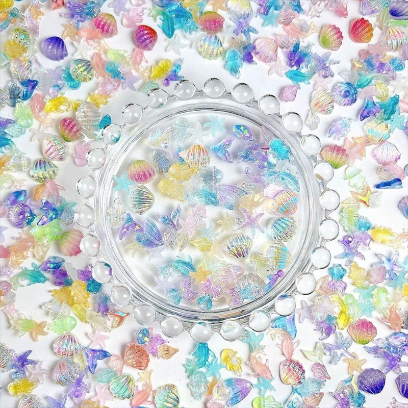 3D Resin Nail Charms 50PCS Ocean Themed Colorful Conch Jellyfish Translucent for DIY Nail Art Decoration