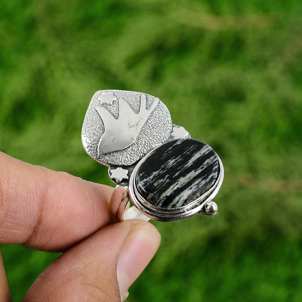 Natural Silver Leaf Jasper 925 Silver Statement Bird Stackable Boho Ring Jewelry