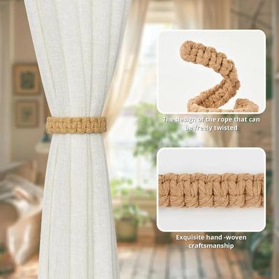 Jute Curtain Tiebacks Braided Natural Rope Holdbacks Adjustable Window Decor Woven Boho Style Coastal Home Accent