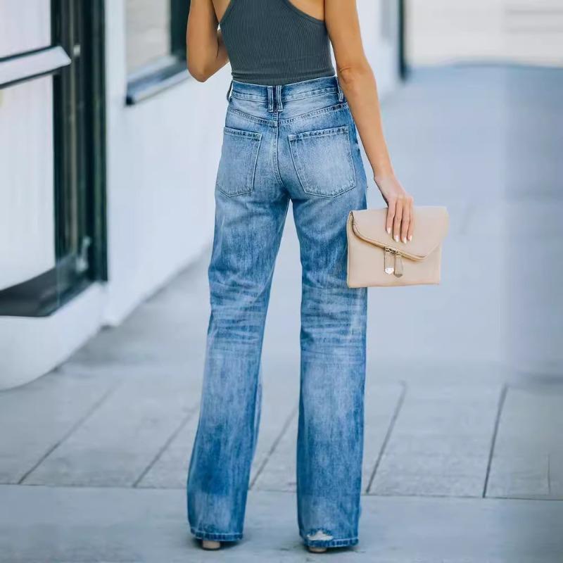 Autumn Casual Wide-leg Pants Mid-waist Washing Water Ripped Women's Denim Trousers