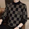 Checkered Sweater for Men's Autumn and Winter New Fashion Brand Jacquard Knitted Sweater with Half High Collar and Bottom Layer