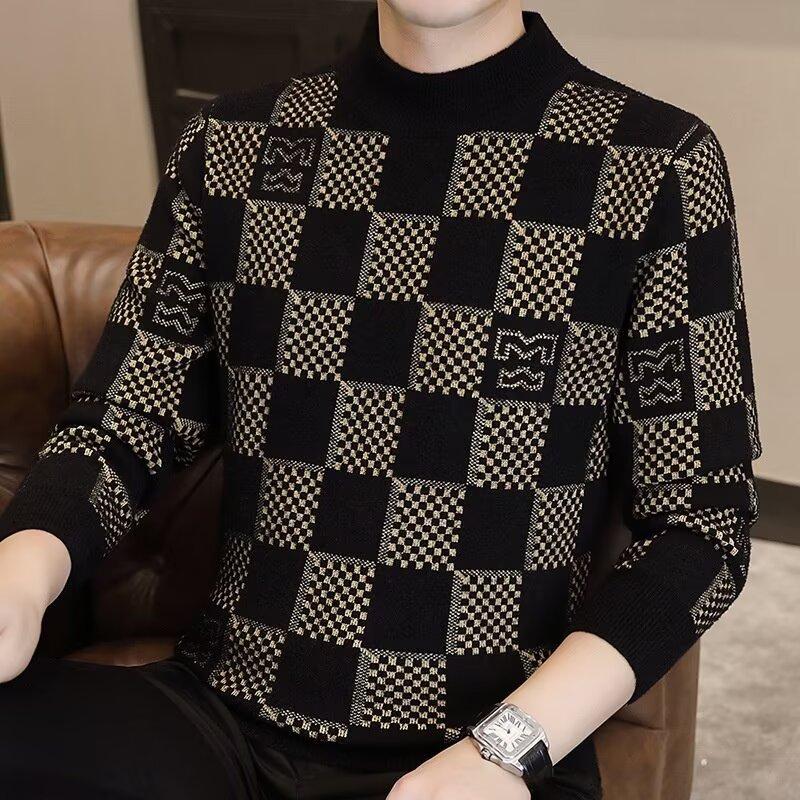 Checkered Sweater for Men's Autumn and Winter New Fashion Brand Jacquard Knitted Sweater with Half High Collar and Bottom Layer