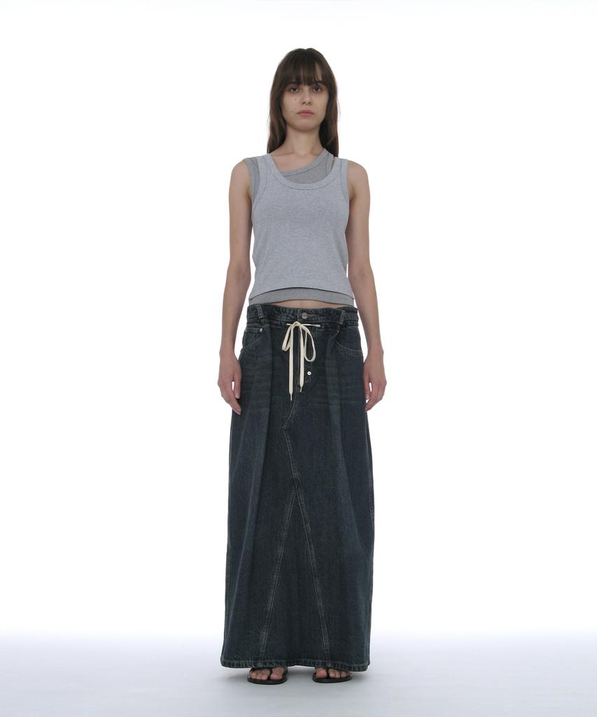 Partimento Woman Drawstring Denim Maxi Skirt_Dark Blue