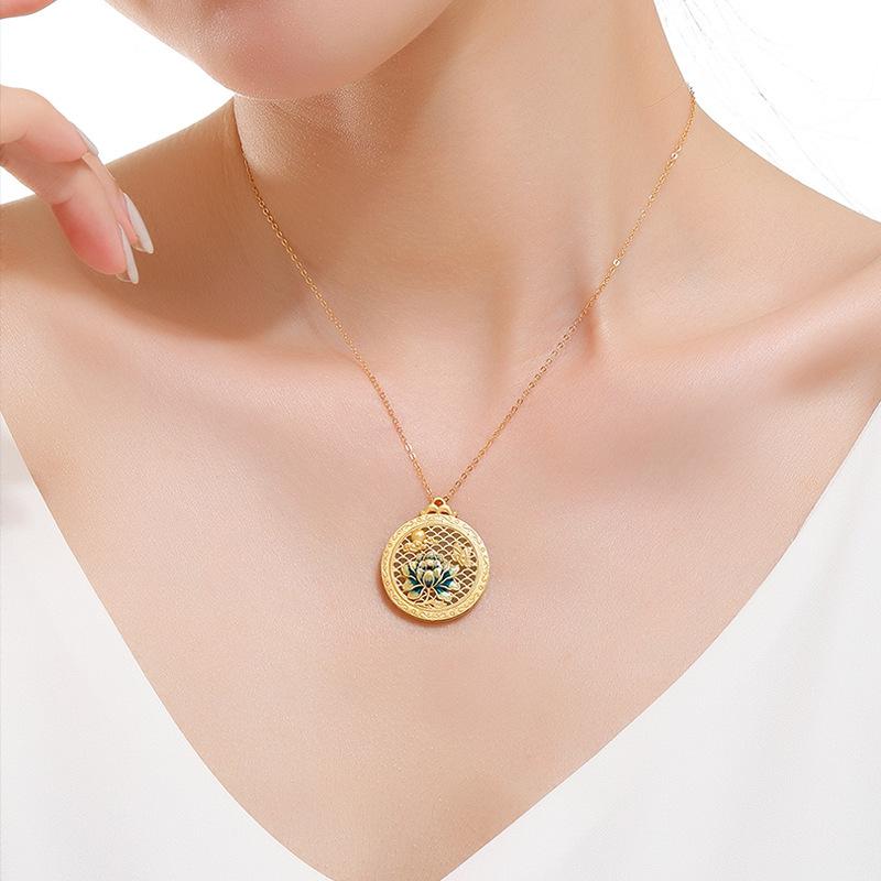 Blue Enamel Painted Lotus Necklace Women's Trendy Light Luxury Clavicle Chain Hetian Jade Circle Pendant