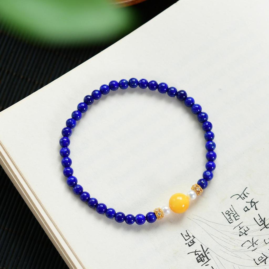 Lapis Lazuli, Amber, Pearl & 925 Silver Spacer Bracelet