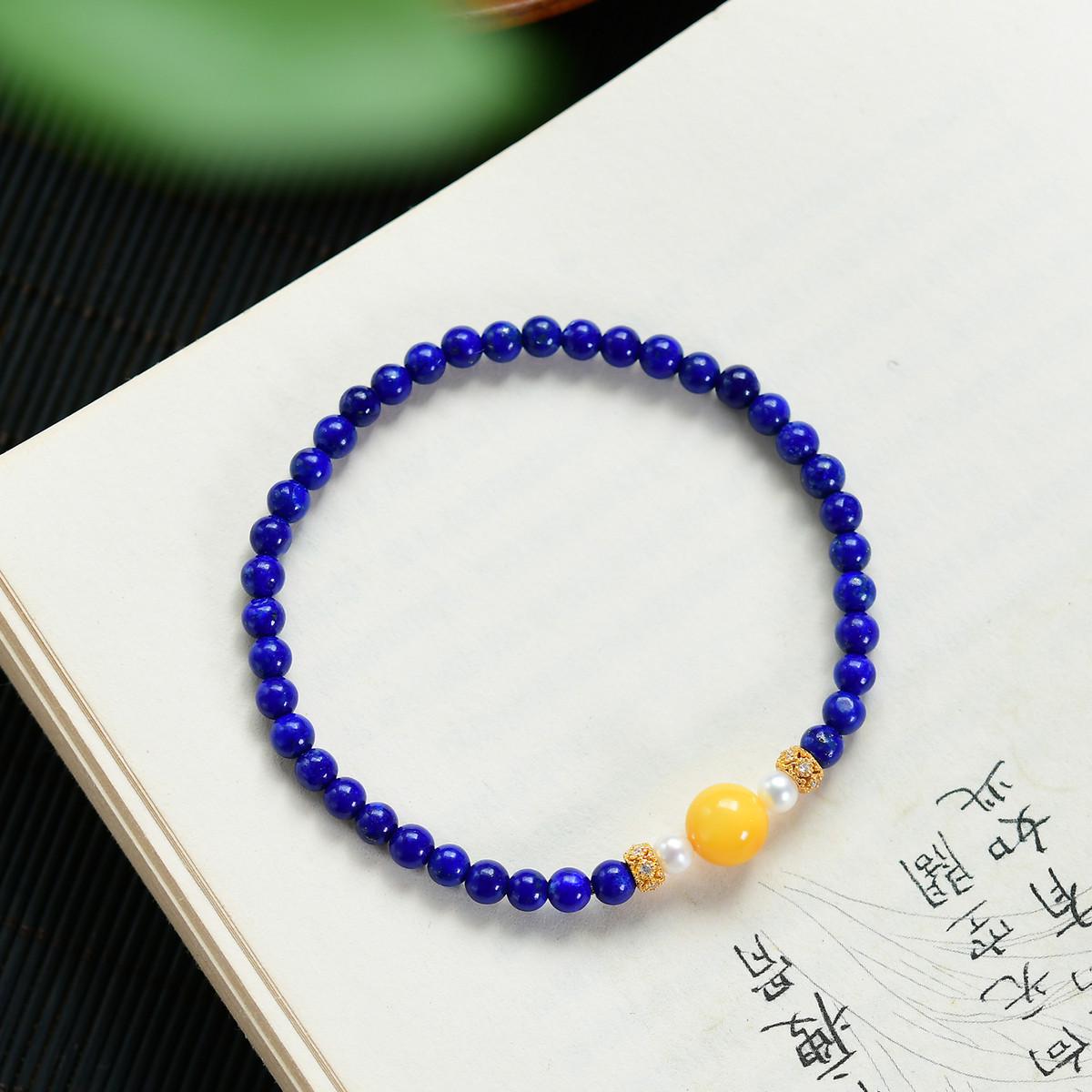 Lapis Lazuli, Amber, Pearl & 925 Silver Spacer Bracelet Lapis Lazuli