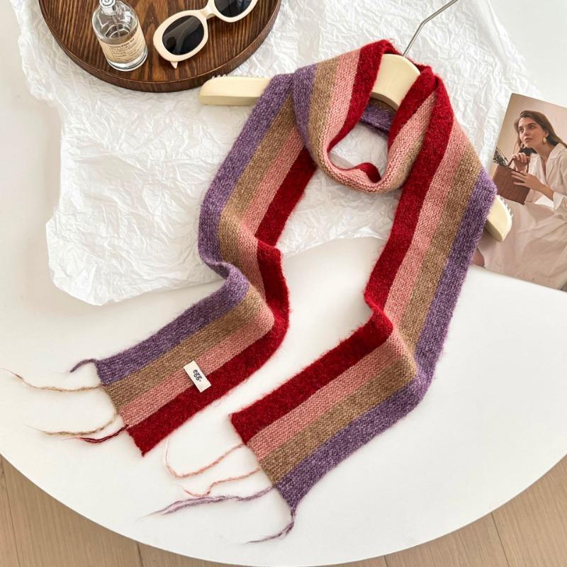 Knitted scarf winter new rainbow stripes dopamine contrasting color warm wool scarf thin and narrow fringed scarf