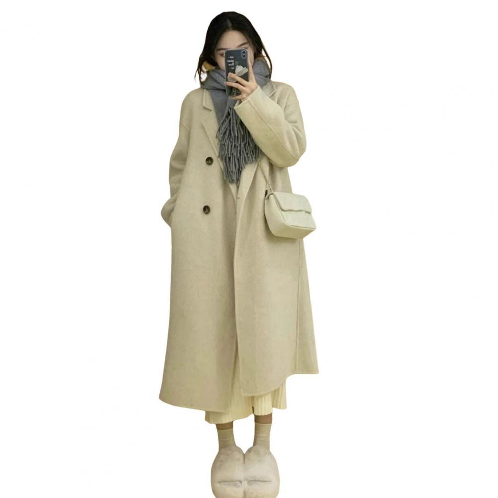 Women Winter Overcoat Double-breasted Turn-down Collar Long Sleeves Buttons Loose Cardigan Mid Length Outdoor Woolen Coat