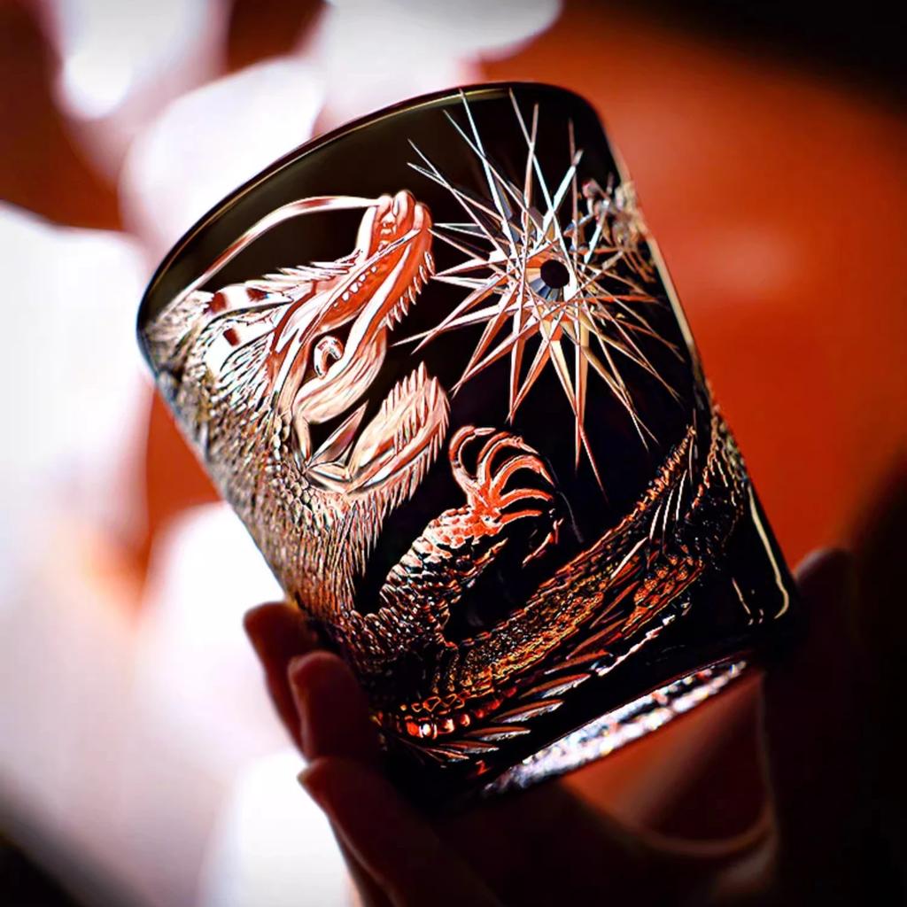 Dragon Edo Kiriko Glass Hand Cut Crystal Glass Chinese Loong Pattern Whisky Cup Black Color Top Quality Wineglass Premium Gift