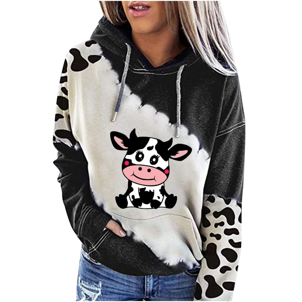 Women's Cute Cow Print Sweatshirt Long Sleeve Hooded Casual Tops Shirts