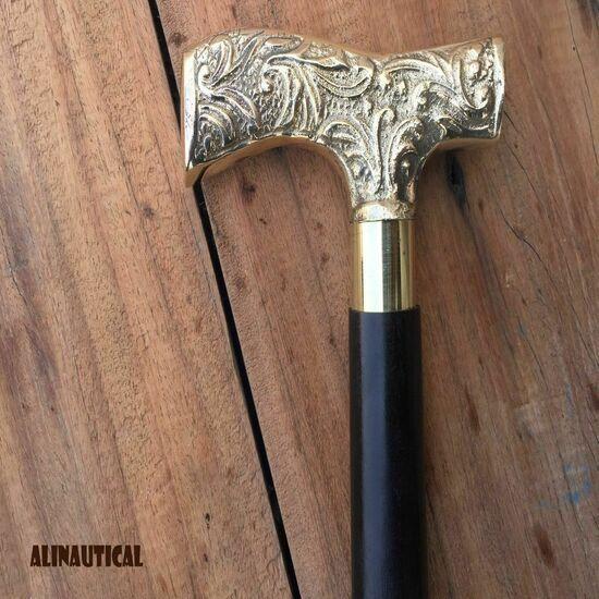 Victorian Walking Stick Wooden Cane Antique Brass Solid Head Handle Vintage Gift