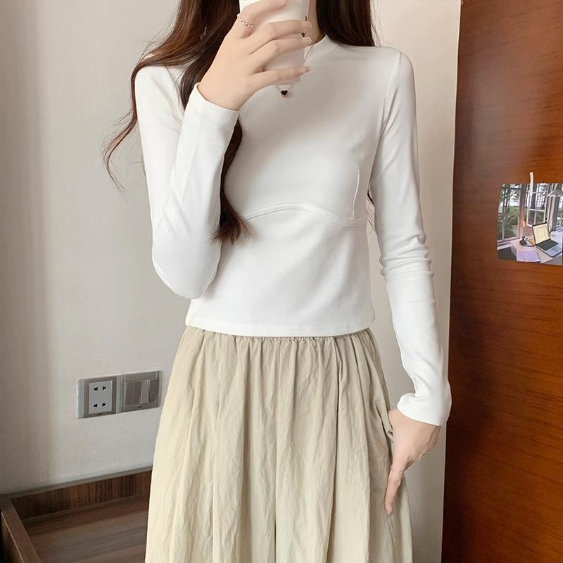 Right Shoulder Round Neck Long Sleeve T-shirt Autumn and Winter Solid Color Versatile Bottoming Layer
