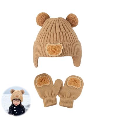 2 ks/sada Detská čiapka a rukavice Set Tvar medvedích uší Ochrana uší Jednofarebná pletená čiapka Elastická teplá sada rukavíc Zimná sada pokrývok hlavy