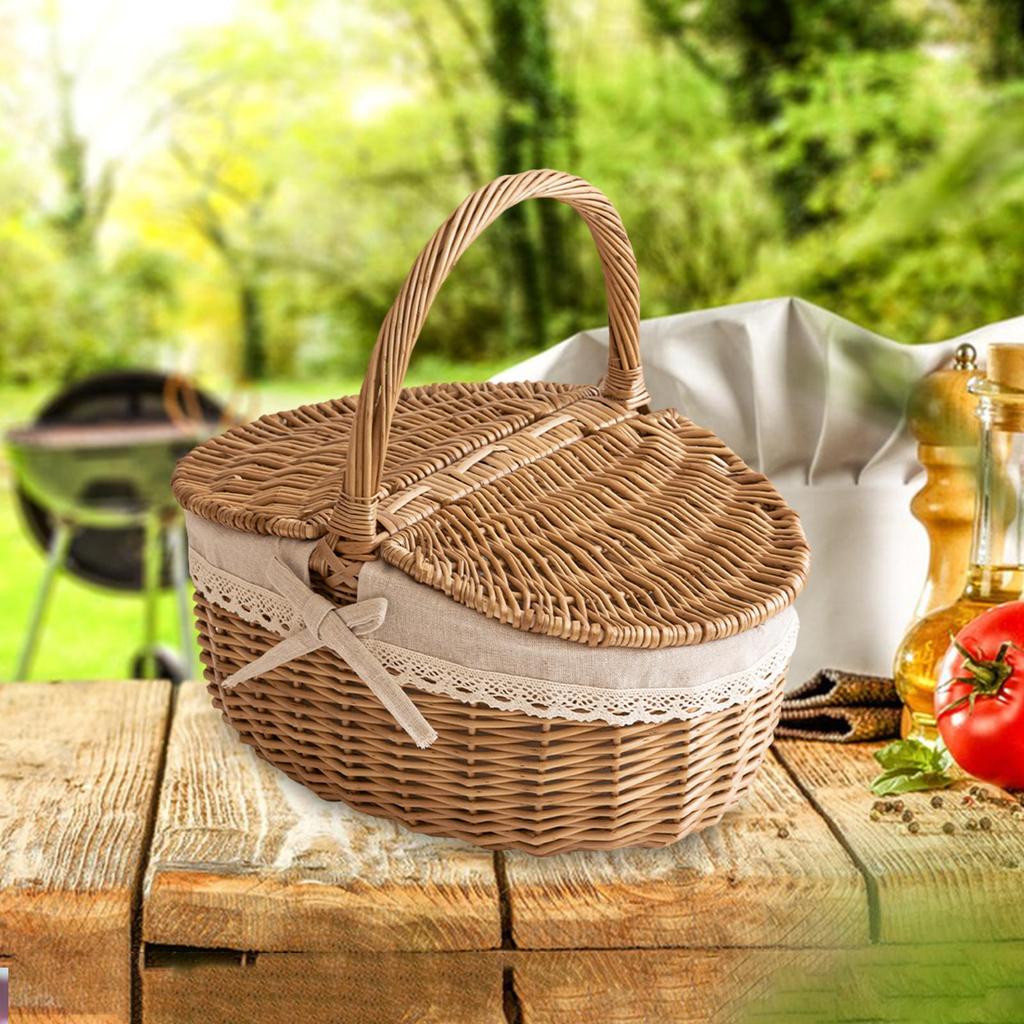 Wicker Picnic Basket with Lid and Handle Sturdy Woven Body with Washable Lining for Easter,Mother's Day,Outdoor Camping