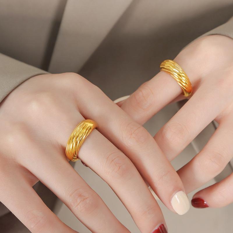 Gold Plated Geometric Striped Ring: Titanium Steel Jewelry for Women