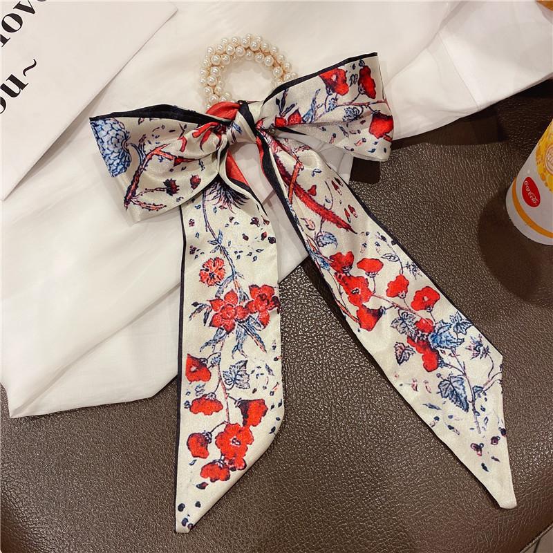 Fashion Pearl Scrunchies Ties Satin Long Ribbon Ponytail hair bundle Silk Floral Summer Hair Bands Accessories For Women Girls
