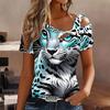 Women Leopard Print Stitching Print Cold Shoulder Short Sleeve T Shirt Irregular Cutout Neck Casual Summer Blouse Top