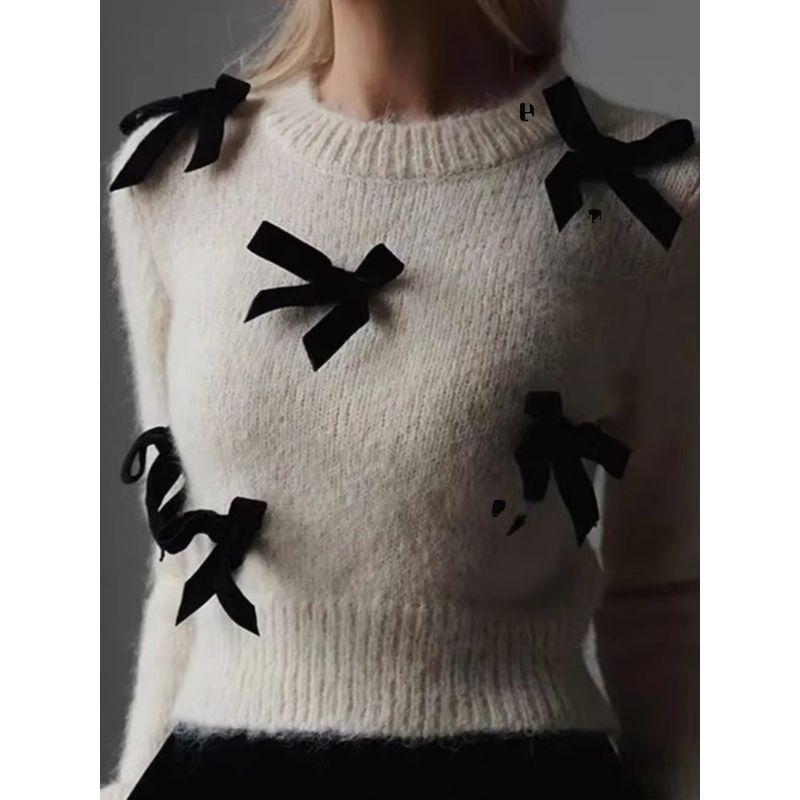 Bow Tie Long Sleeved Pullover Sweater Pure Color Bows Long Sleeves Pullover