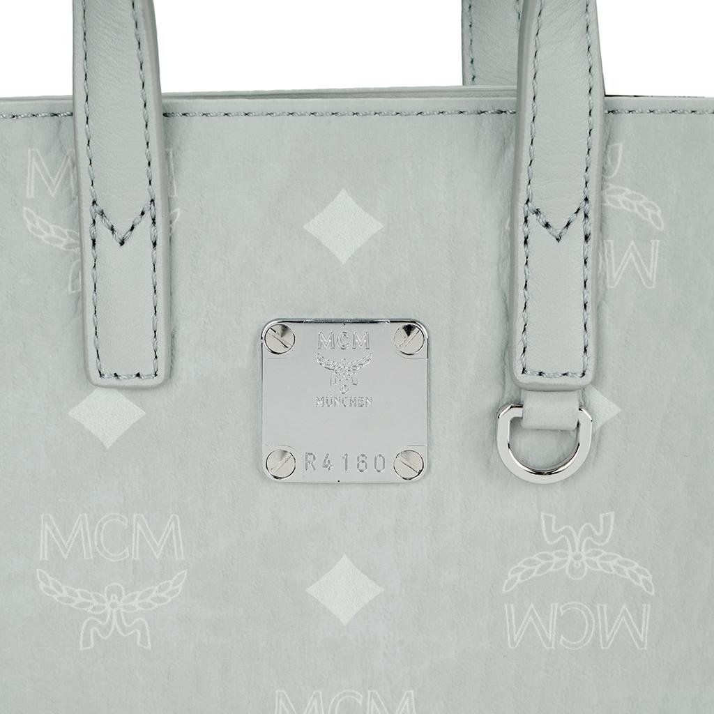MCM Aren Monogramm-Print Abnehmbarer verstellbarer Schultergurt Beschichtetes Canvas Napa-Lederbesatz Tote Einkaufstasche Mini Damen Tote Tasche Grau MMTCSKC02FP001