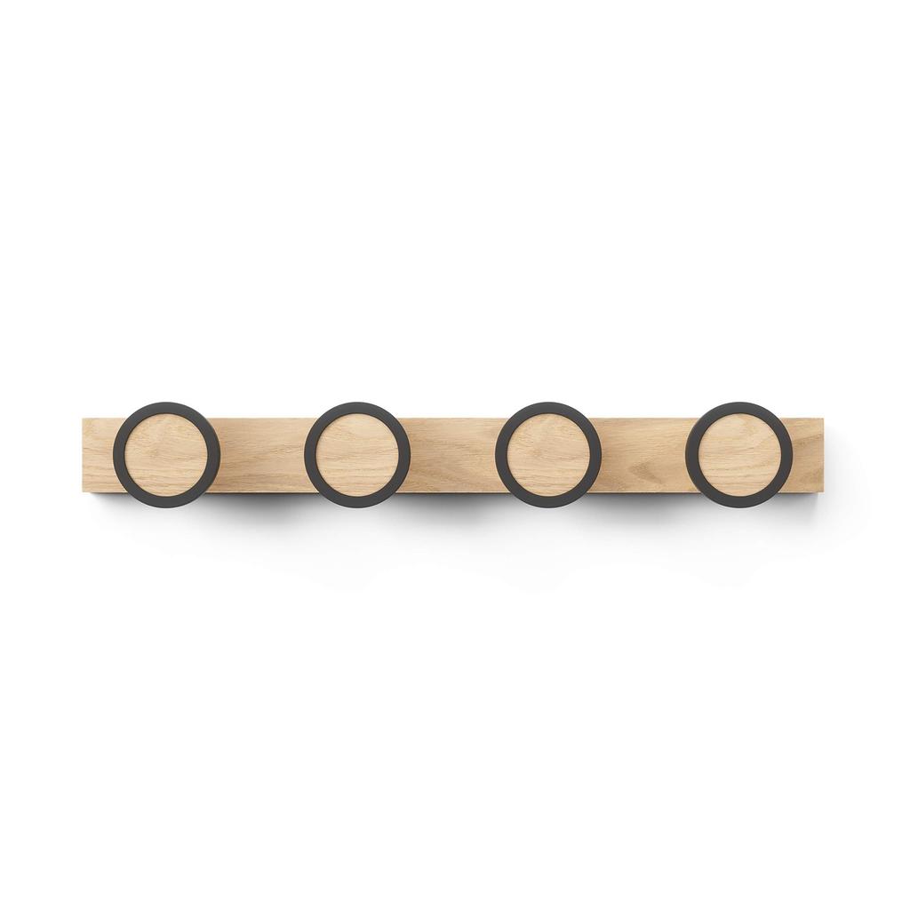 Umbra Wall Hook Rail with 4 Storage for and Black and Natural 50 x 6 x 7 cm Hooks, Towels, Hats, Bags, Entryway, Bedroom, HUB, Wood, 21016843045,